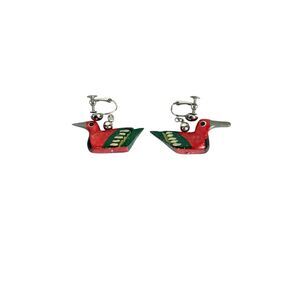 Vintage WOMENS WOODEN BIRDS EARRINGS HANDMADE PAINTED Red Green 1.8" x 0.7"